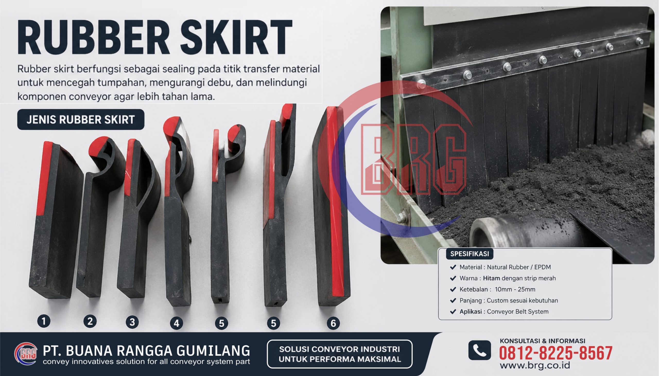 Rubber skirt conveyor industri Indonesia untuk conveyor belt dan material handling system
