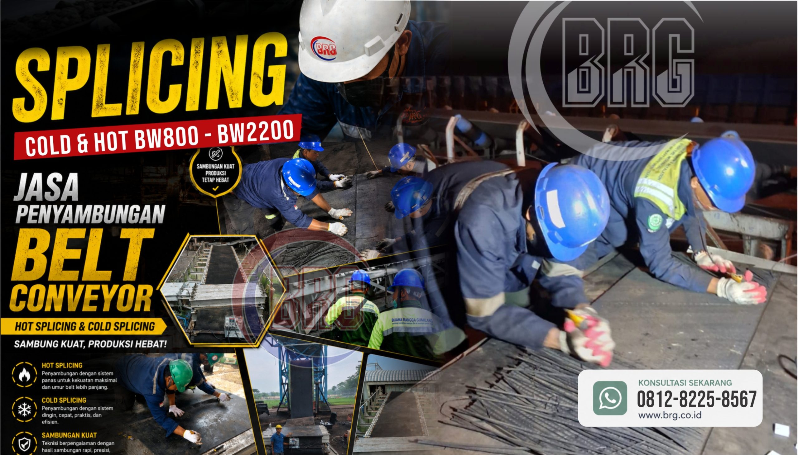 Proses cold splicing conveyor belt oleh teknisi PT Buana Rangga Gumilang untuk industri tambang dan manufaktur